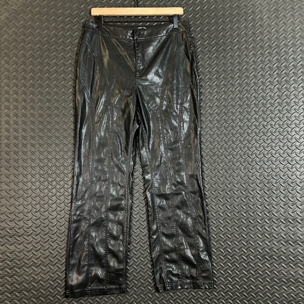 Silence + Noise Women's Black Faux Leather Pants 10 High Rise Straight Leg‎ Moto